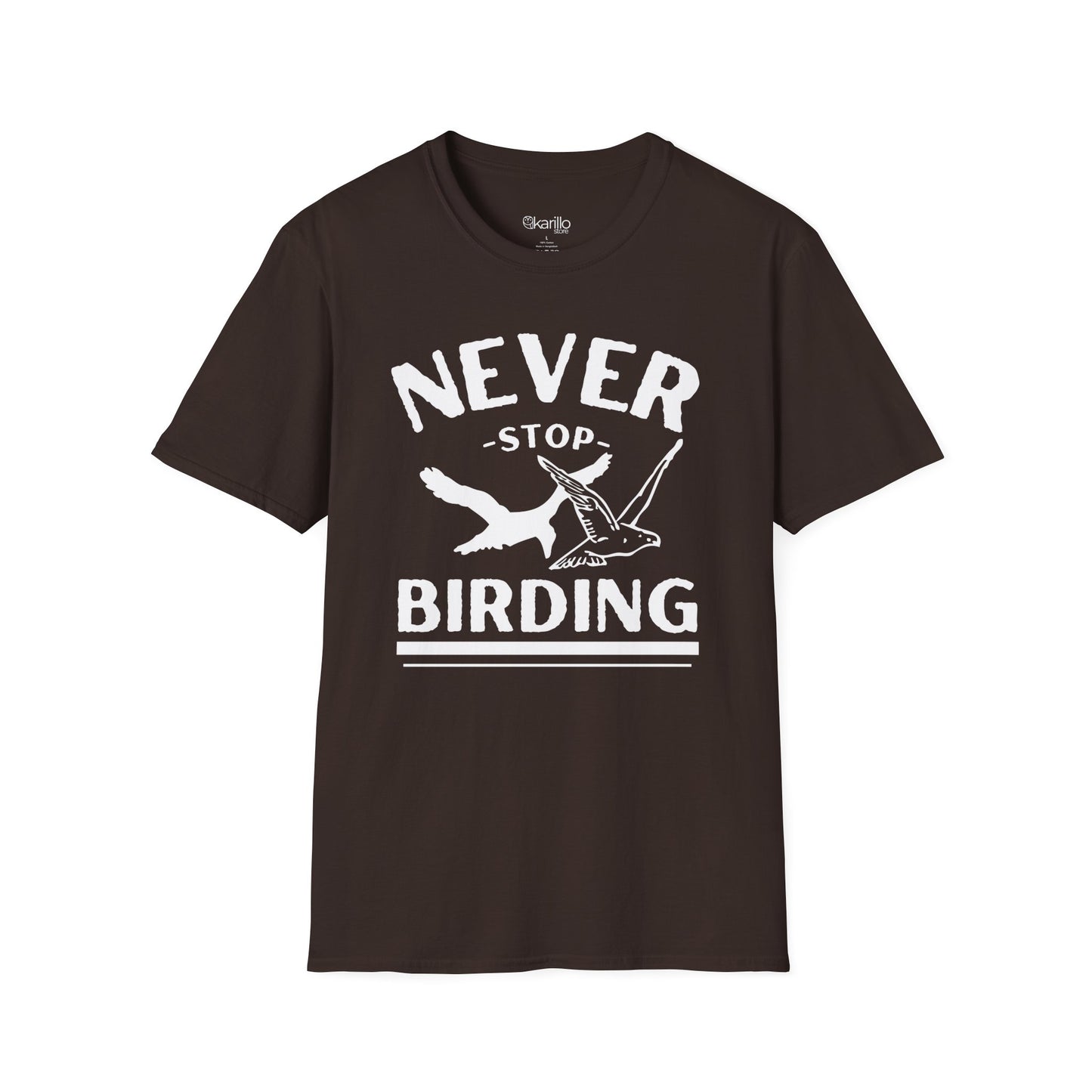 front view of brown t-shirt with 'Never Stop Birding' text and bird graphics on a white background