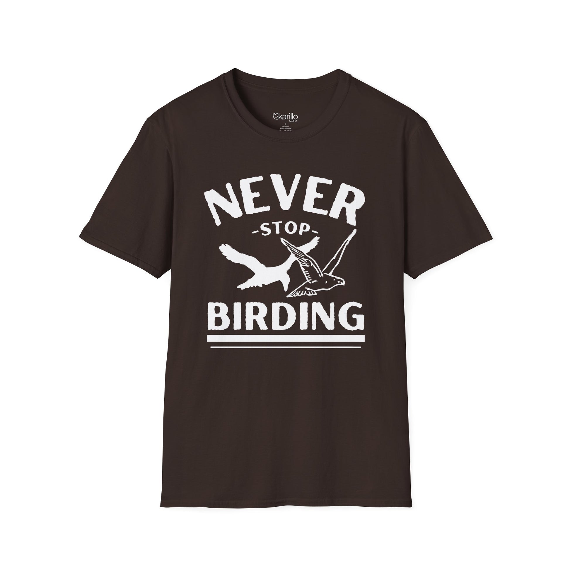 front view of brown t-shirt with 'Never Stop Birding' text and bird graphics on a white background