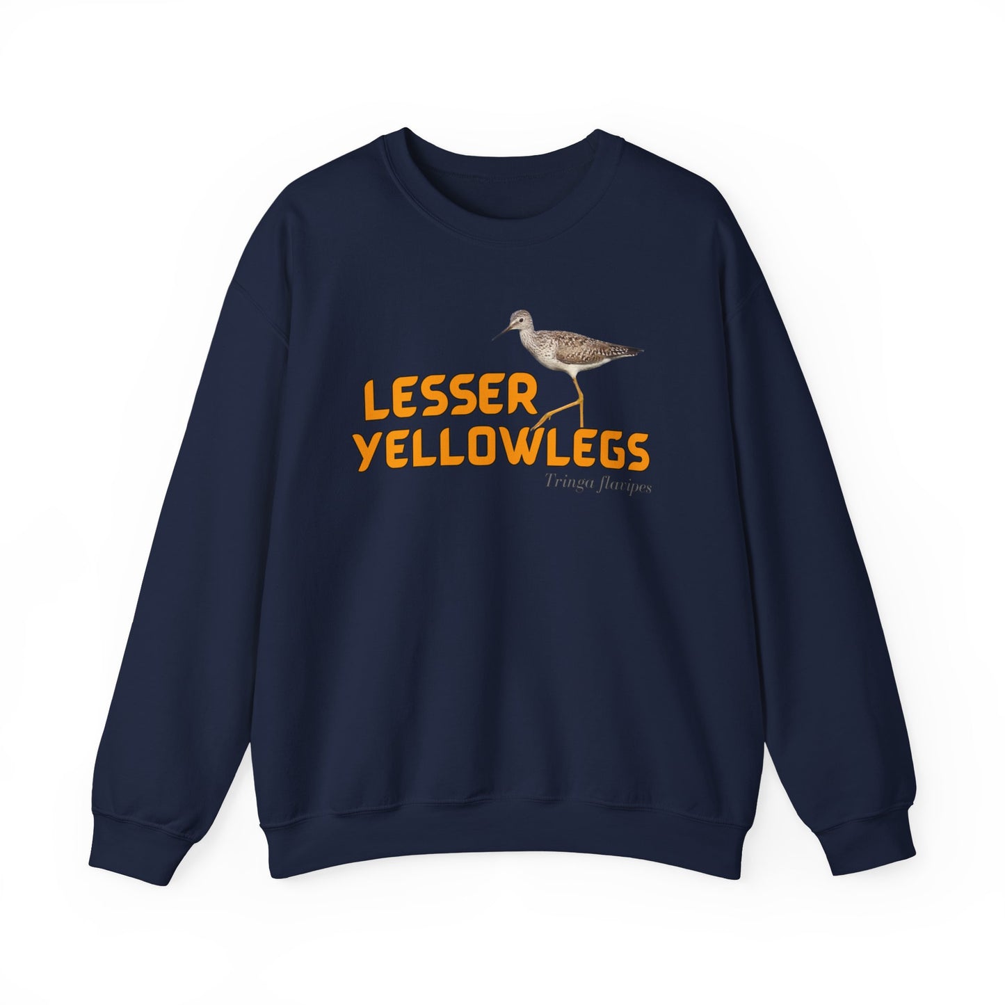 Navy blue sweatshirt with 'LESSER YELLOWLEGS' text and bird illustration on a white background
