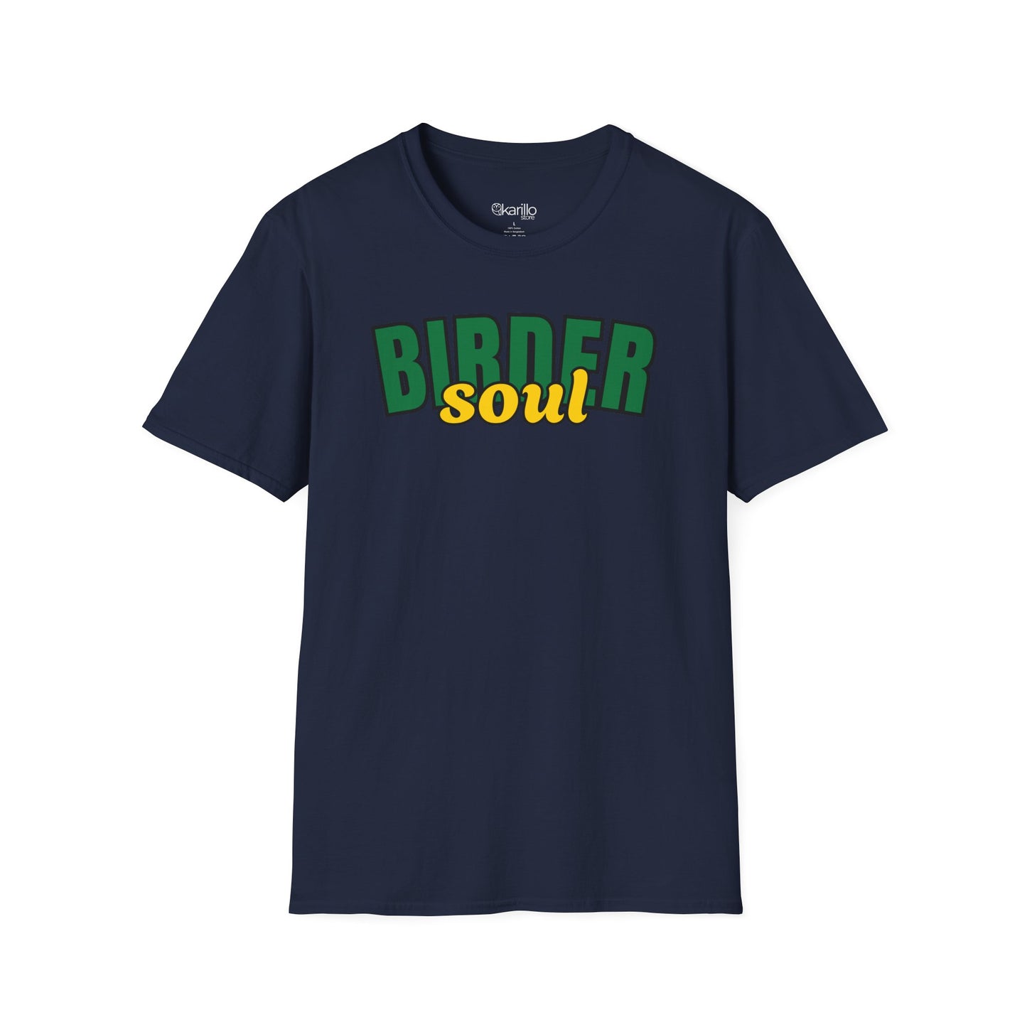 Navy blue t-shirt with 'Birder soul' text in green and yellow on a white background
