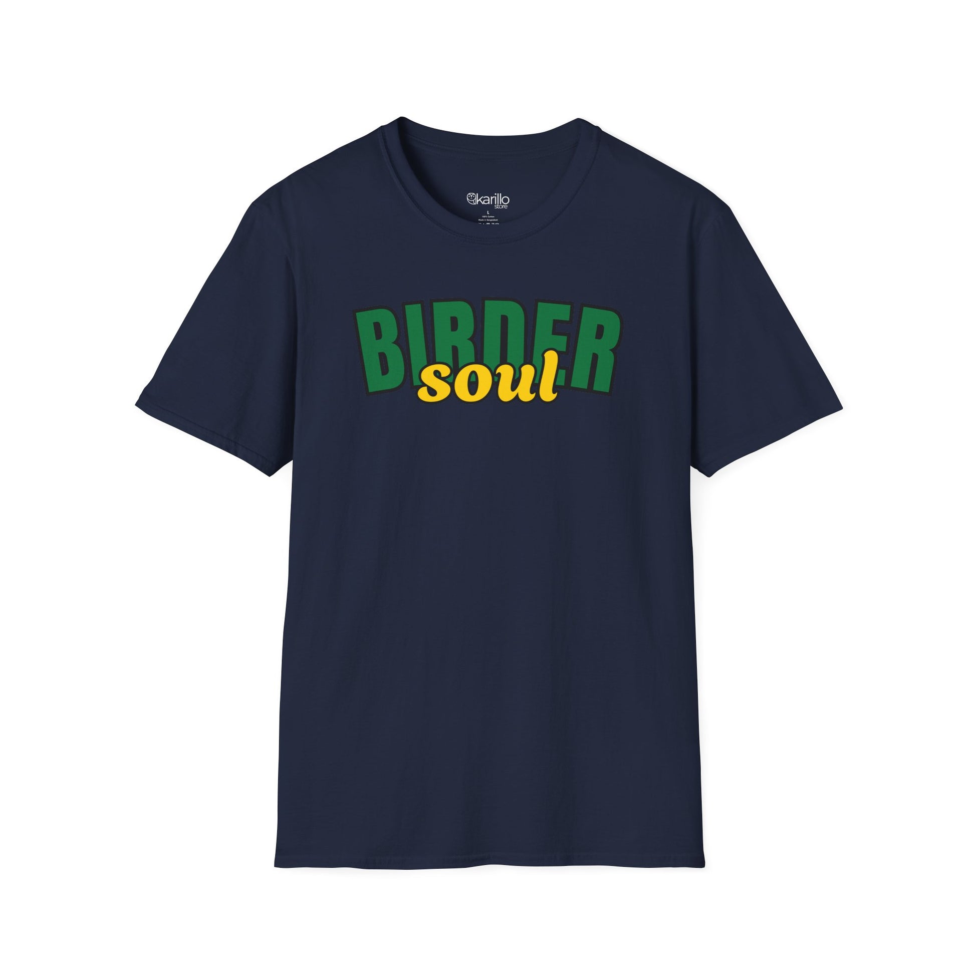 Navy blue t-shirt with 'Birder soul' text in green and yellow on a white background