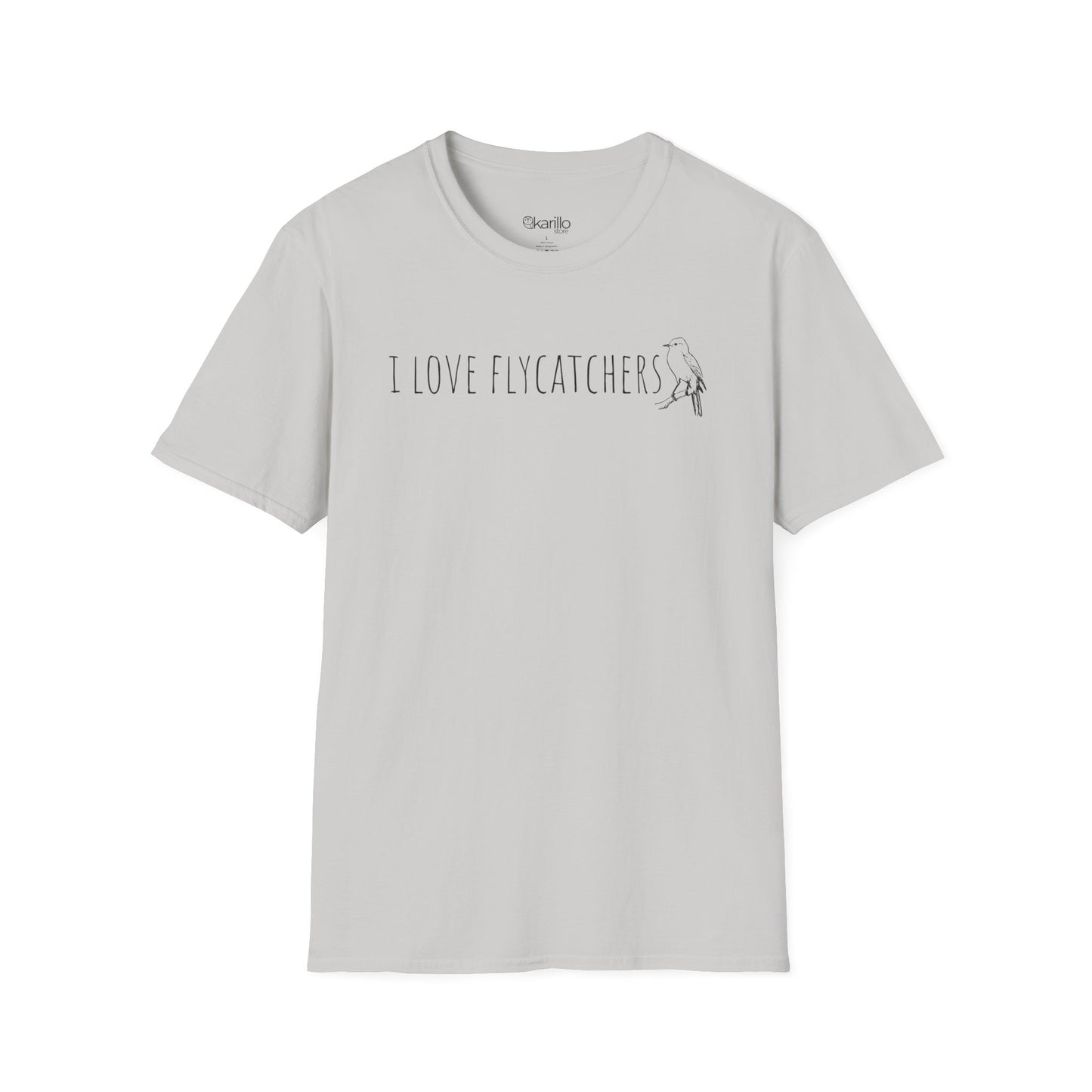 Gray t-shirt with 'I Love Flycatchers' text and graphic on a white background