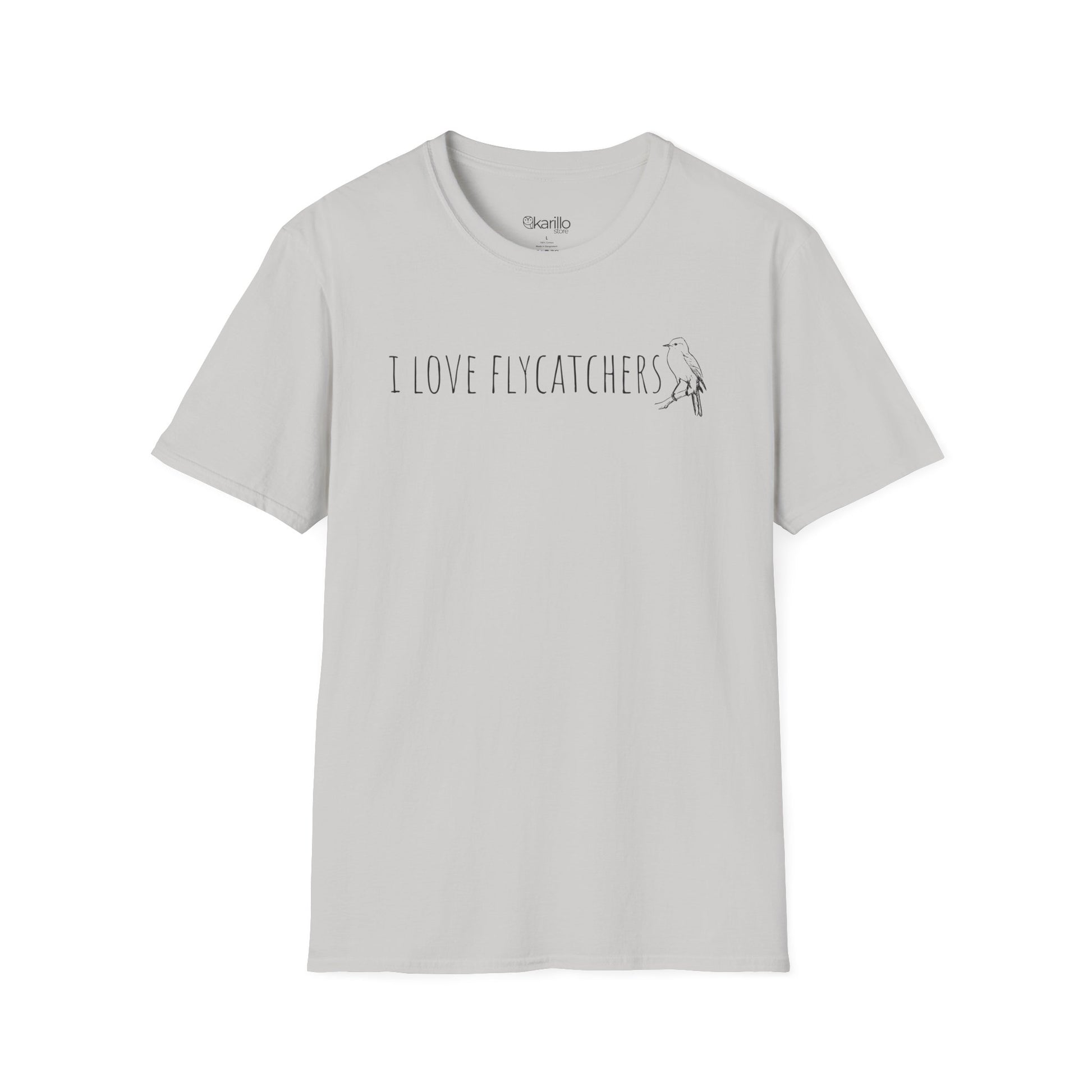 Gray t-shirt with 'I Love Flycatchers' text and graphic on a white background