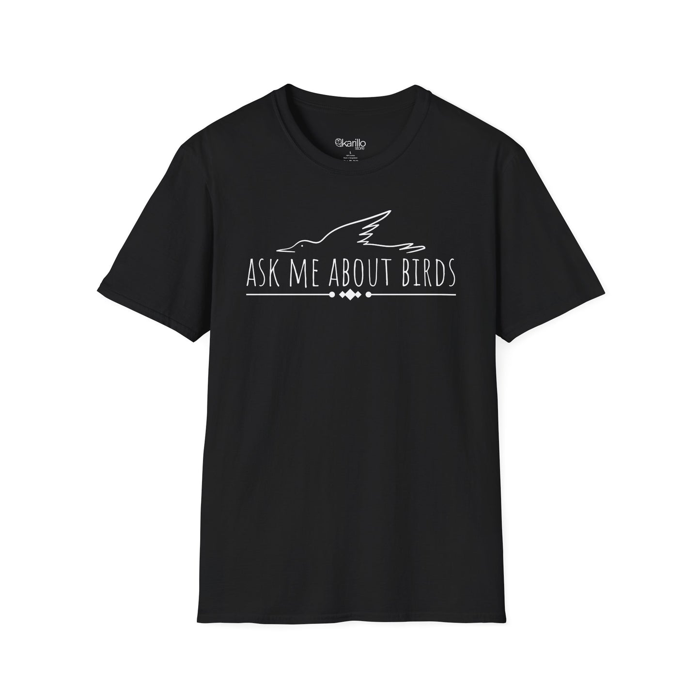 front view Black t-shirt with 'Ask Me About Birds' text and bird silhouette on a white background