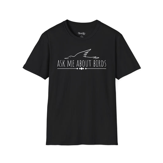 front view Black t-shirt with 'Ask Me About Birds' text and bird silhouette on a white background