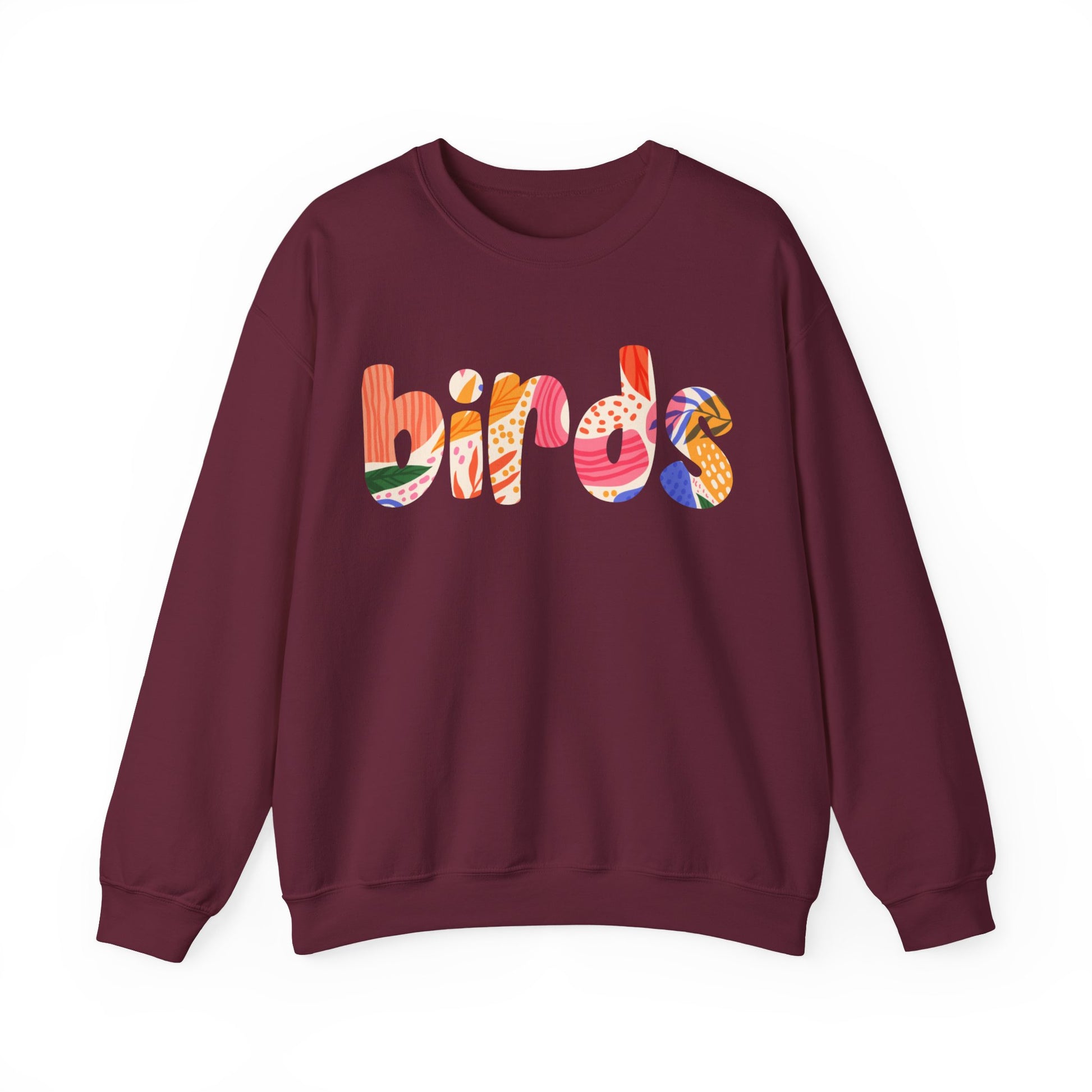 Maroon sweatshirt with 'birds' text in colorful letters on a white background