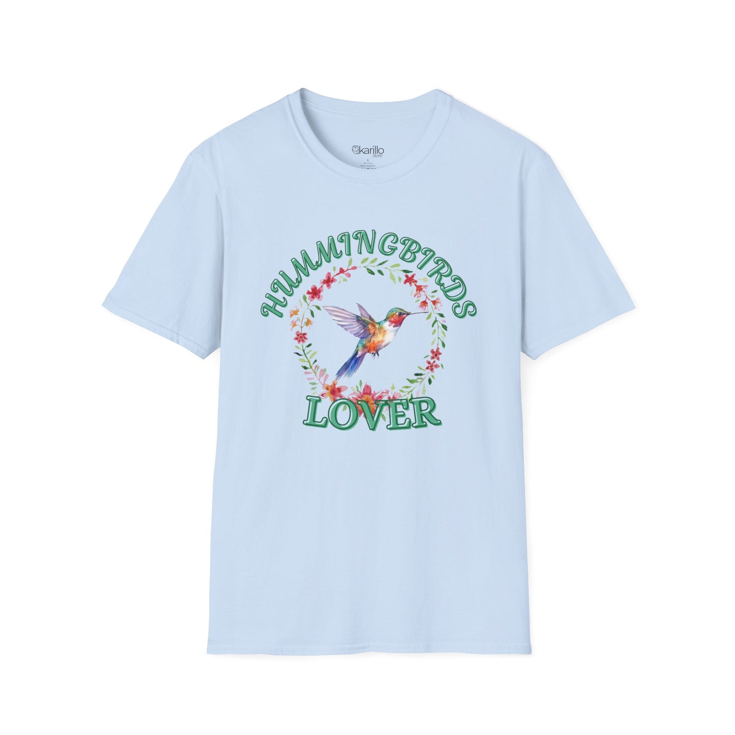 front view light blue t-shirt with hummingbird design and text on a white background