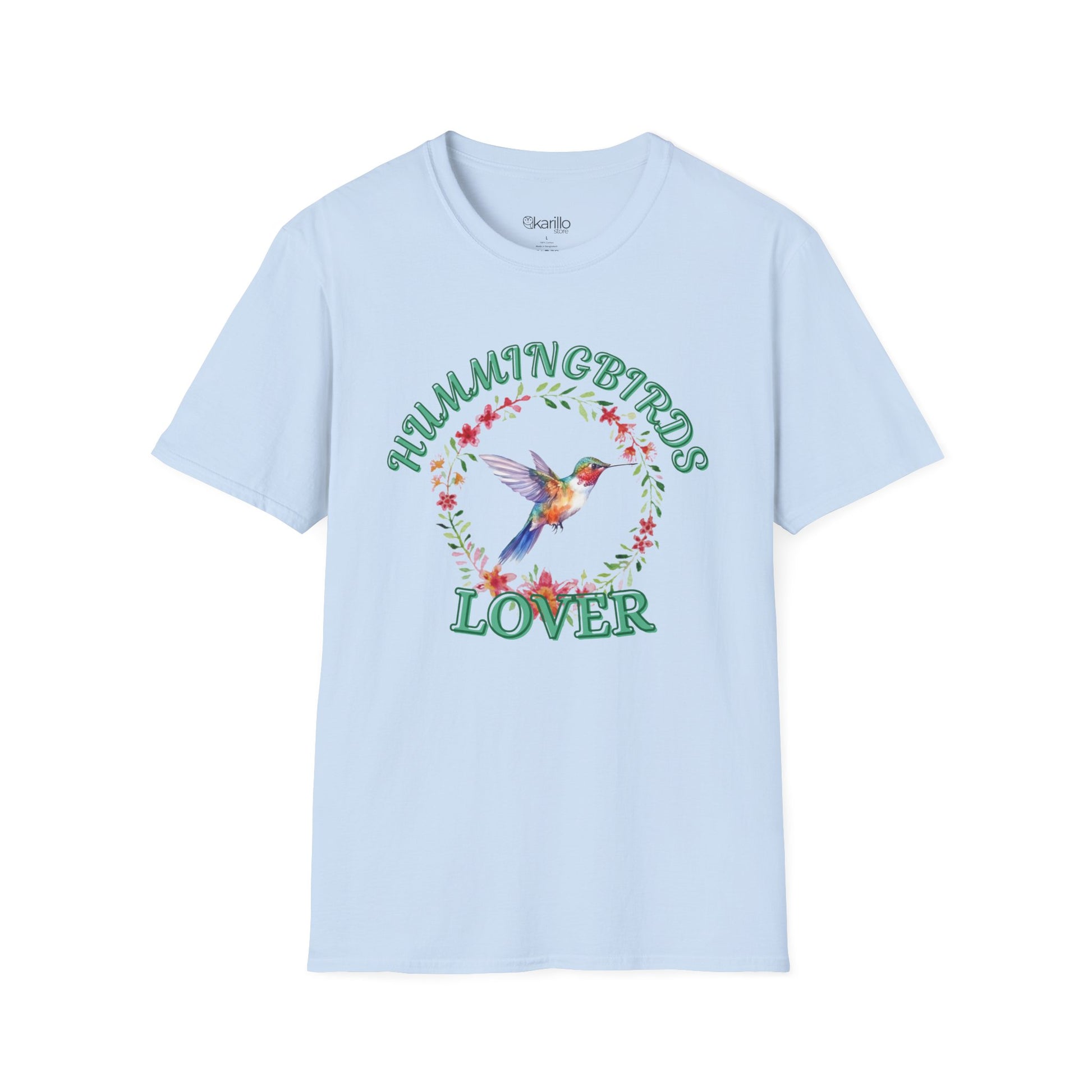 front view light blue t-shirt with hummingbird design and text on a white background