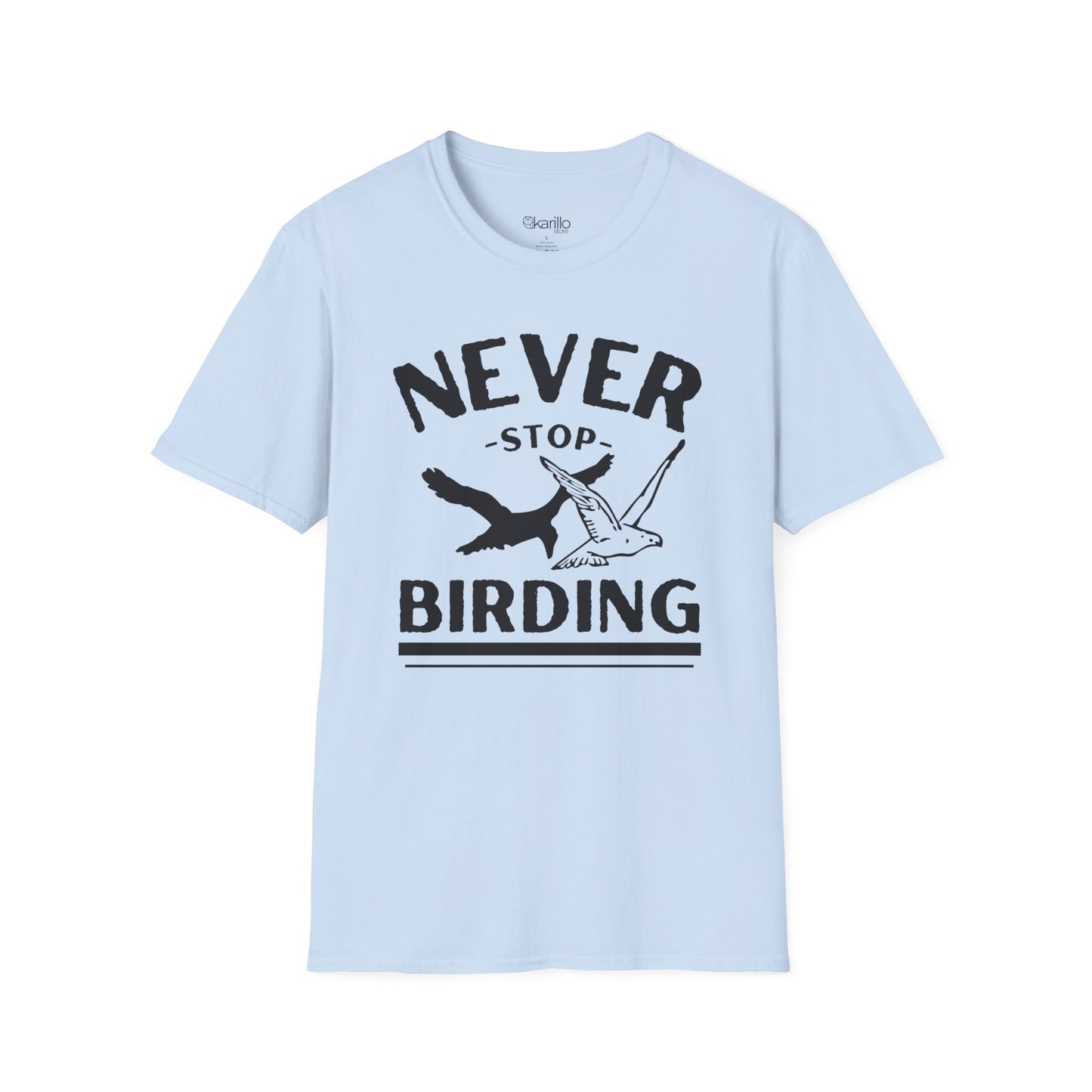 front view of light blue t-shirt with 'Never Stop Birding' text and bird graphics on a white background