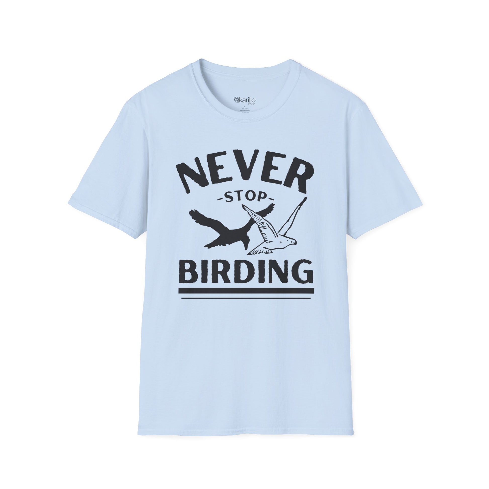 front view of light blue t-shirt with 'Never Stop Birding' text and bird graphics on a white background