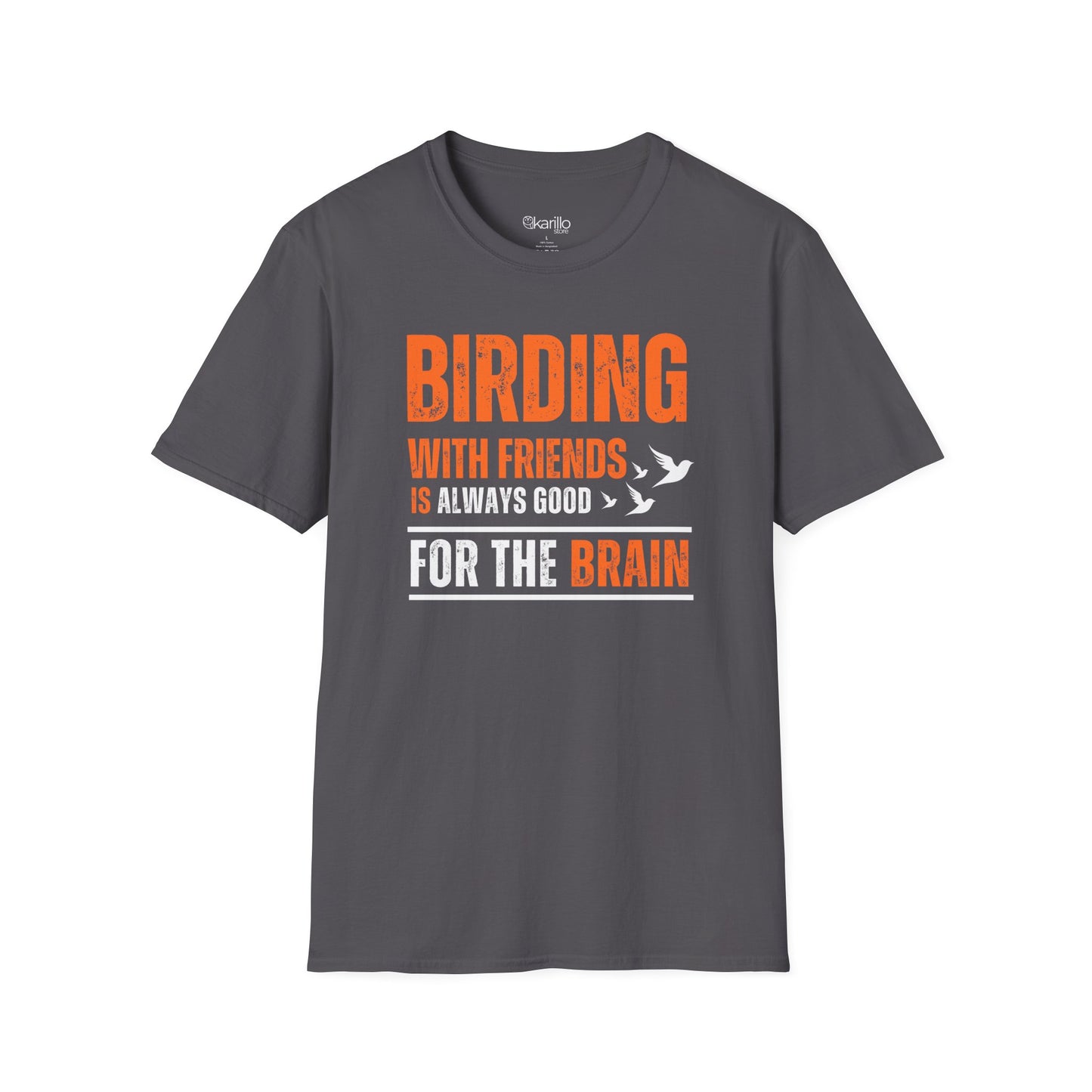 Front view Birding With Friends T-shirt – Birdwatching Quote gray color