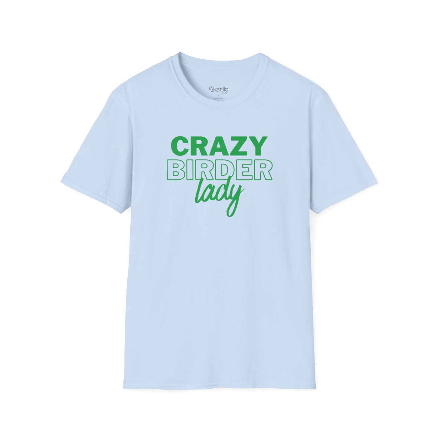 Light blue t-shirt with "crazy birder girl" text on a white background