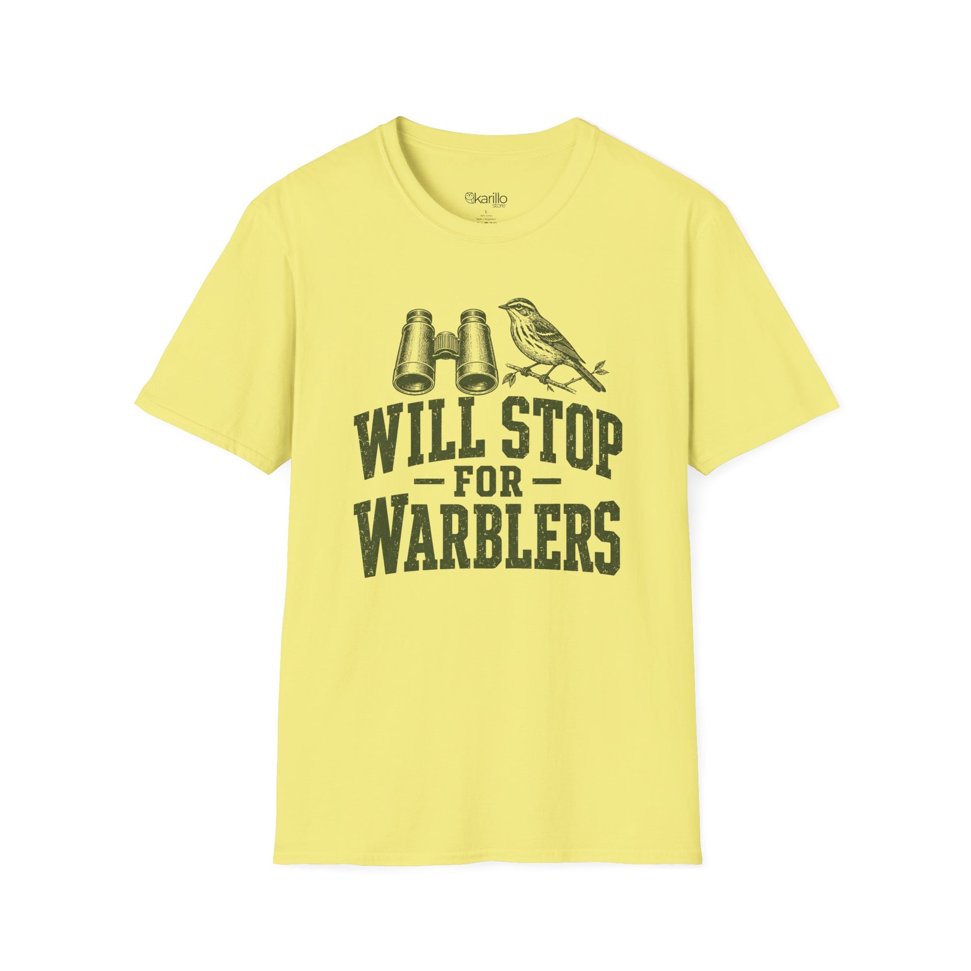 Yellow t-shirt with funny bird-themed graphic and text on a white background