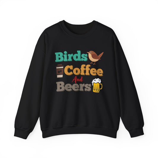 Black sweatshirt with colorful "bird, coffee, beers" text and graphics on a white background