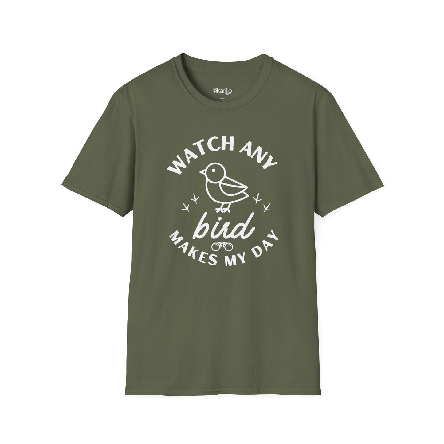 Front view military green t-shirt with "watch any bird" text and bird graphic on a white background