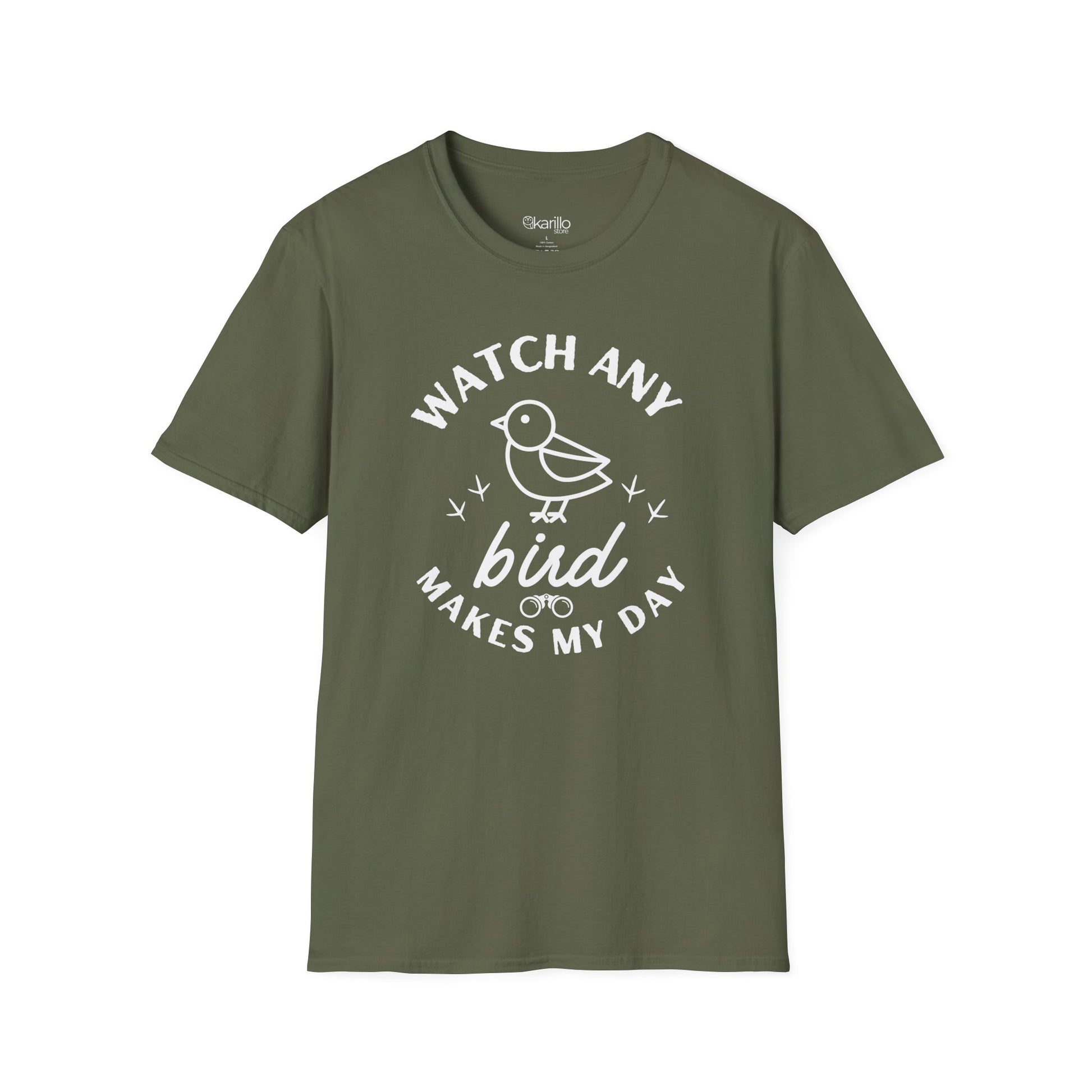 Front view military green t-shirt with "watch any bird" text and bird graphic on a white background