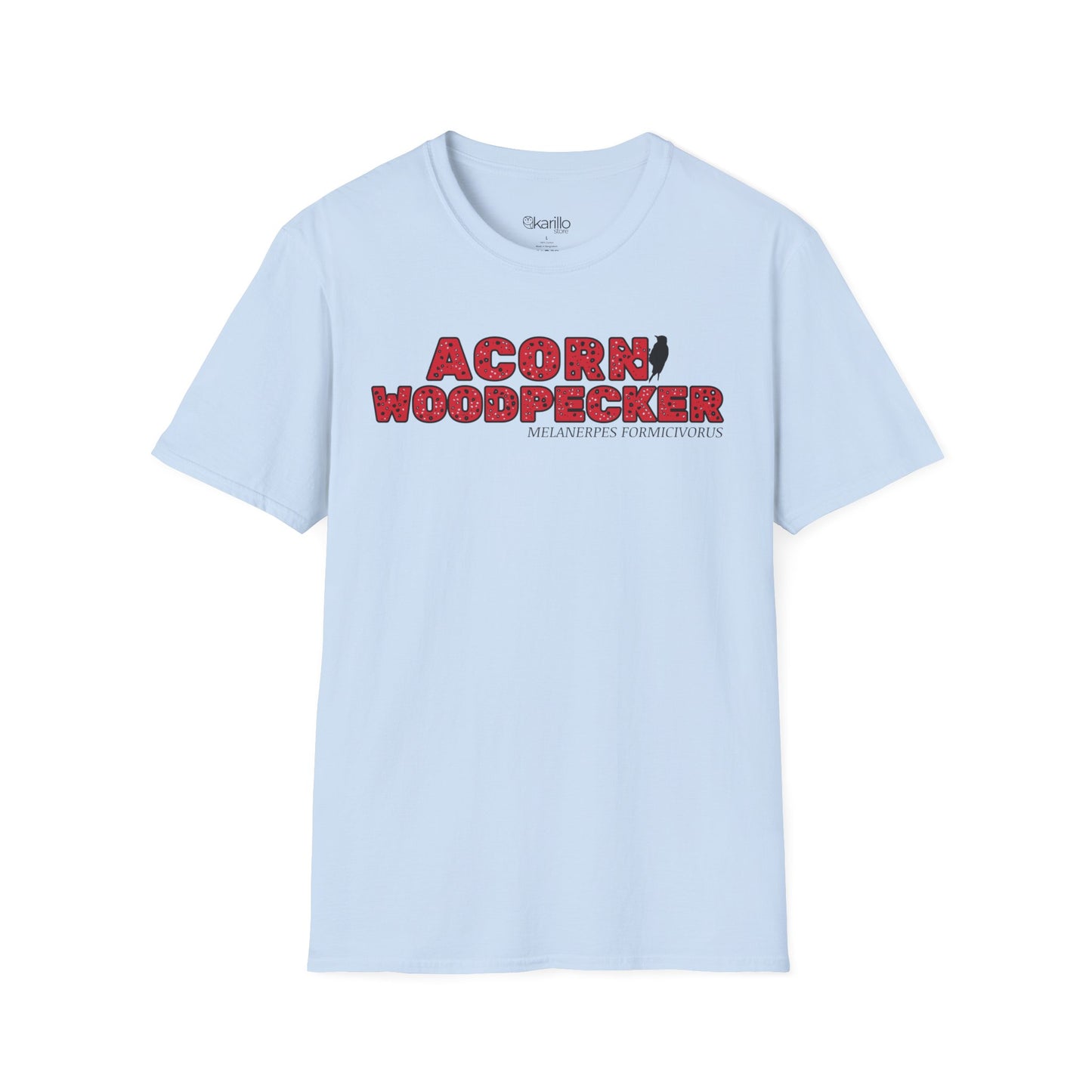 Light blue t-shirt with "acorn woodpecker bird" text on a white background