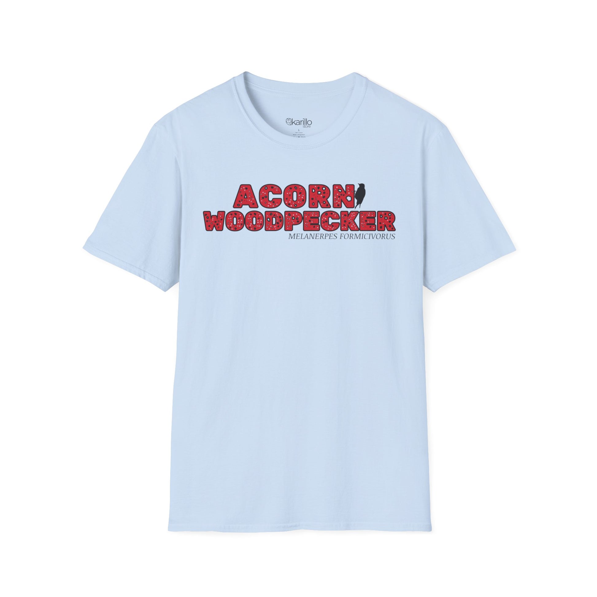 Light blue t-shirt with "acorn woodpecker bird" text on a white background