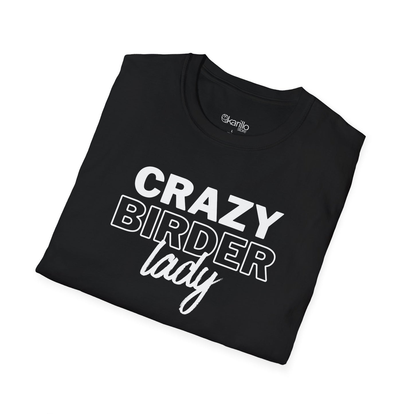 Folded black t-shirt with "crazy birder girl" text on a white background