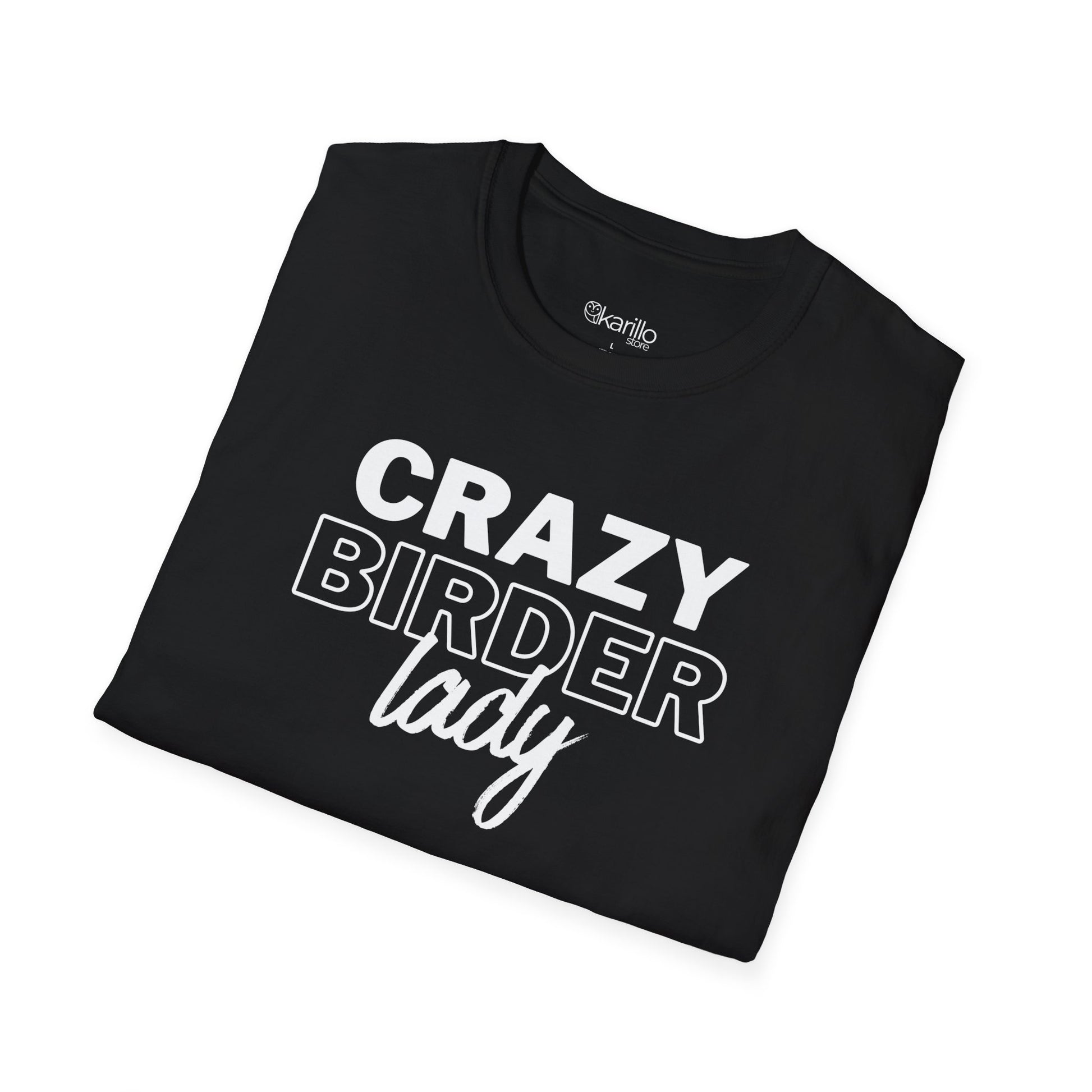 Folded black t-shirt with "crazy birder girl" text on a white background