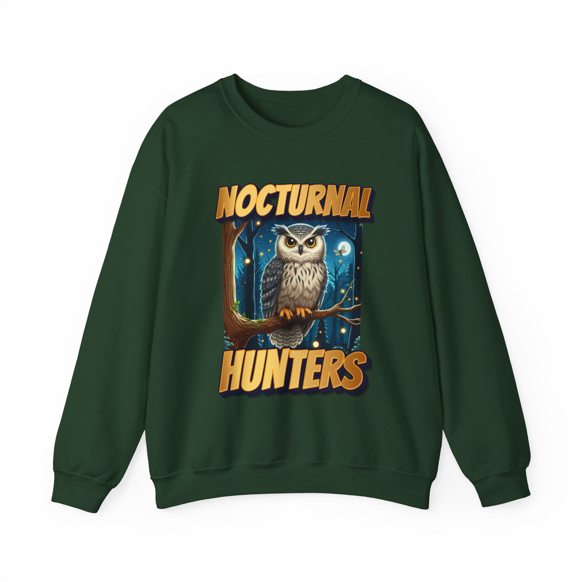 Green sweatshirt with an owl graphic and 'Nocturnal Hunters' text on a white background