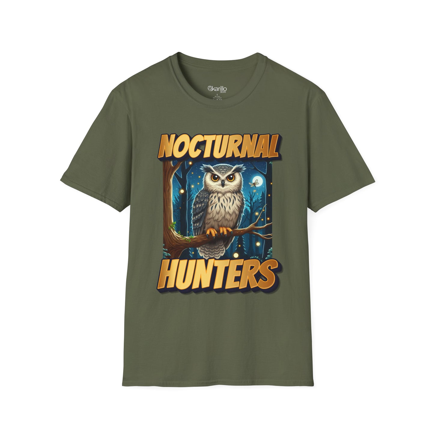 Front view of military green t-shirt with 'nocturnal hunters' text on a white background