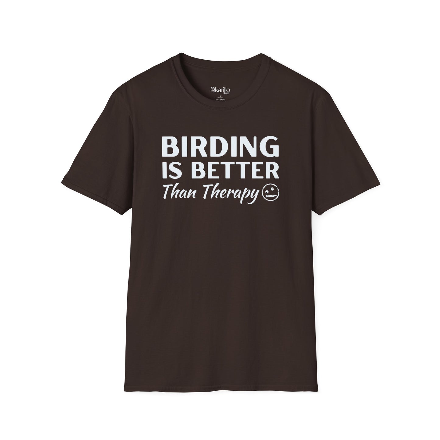 Brown t-shirt with 'BIRDING IS BETTER THAN THERAPY' text on a white background