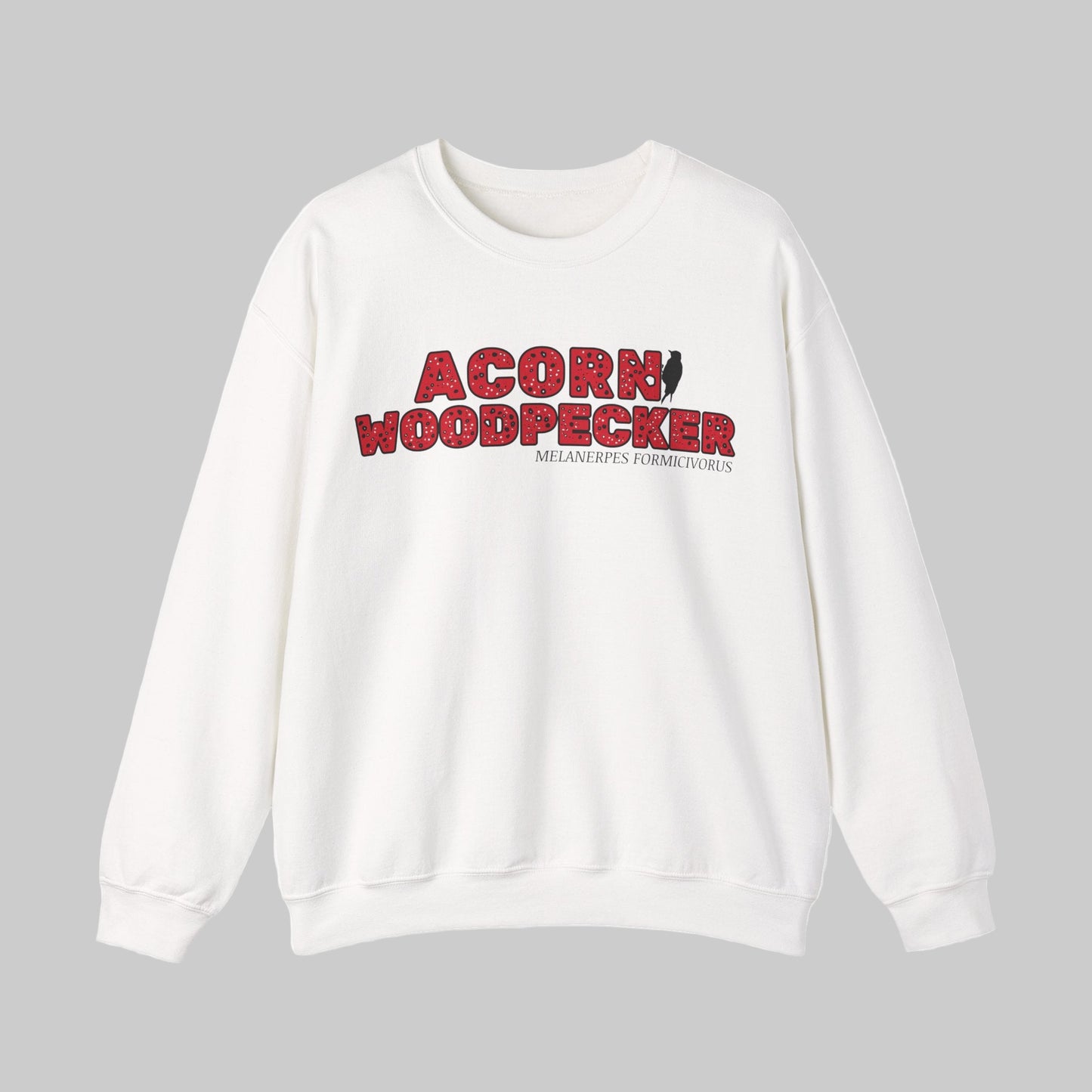 White sweatshirt with 'Acorn Woodpecker' text and logo on a gray background