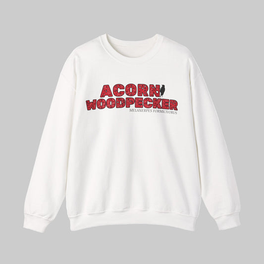 White sweatshirt with 'Acorn Woodpecker' text and logo on a gray background