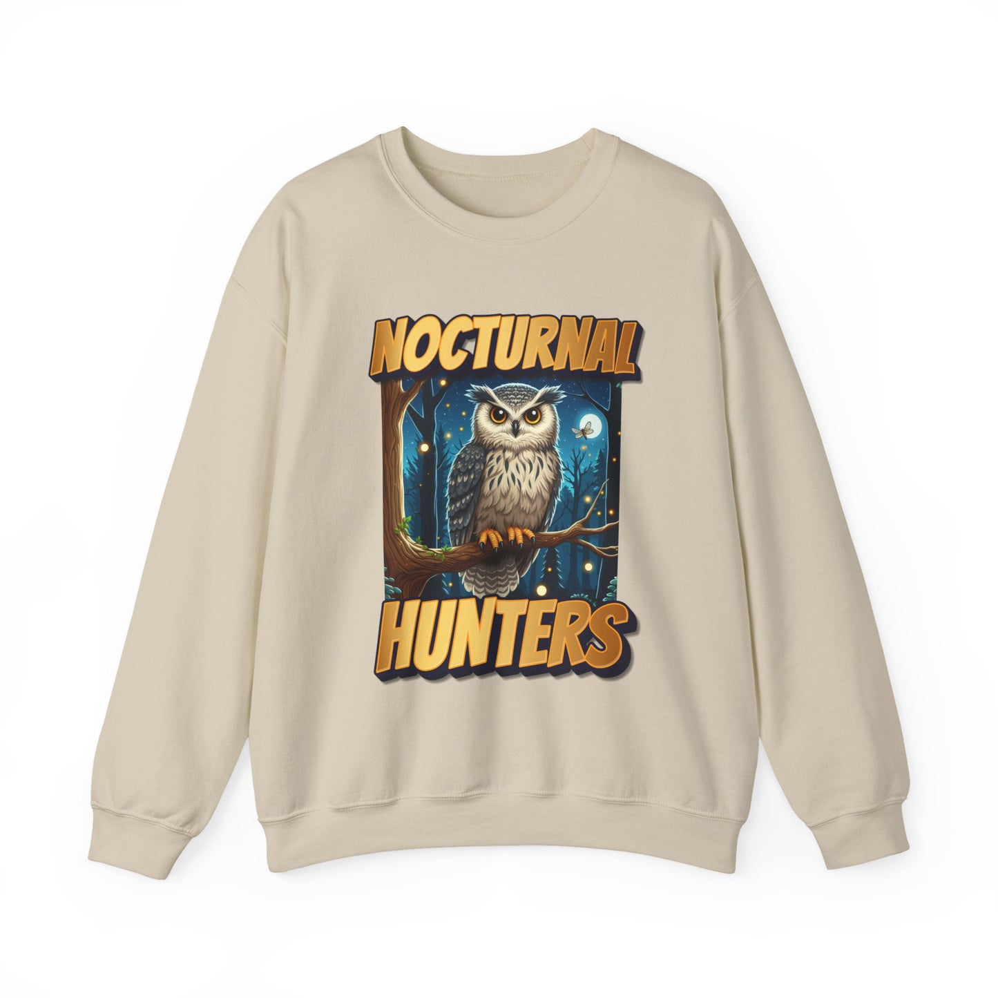 Beige sweatshirt with an owl graphic and 'Nocturnal Hunters' text on a white background