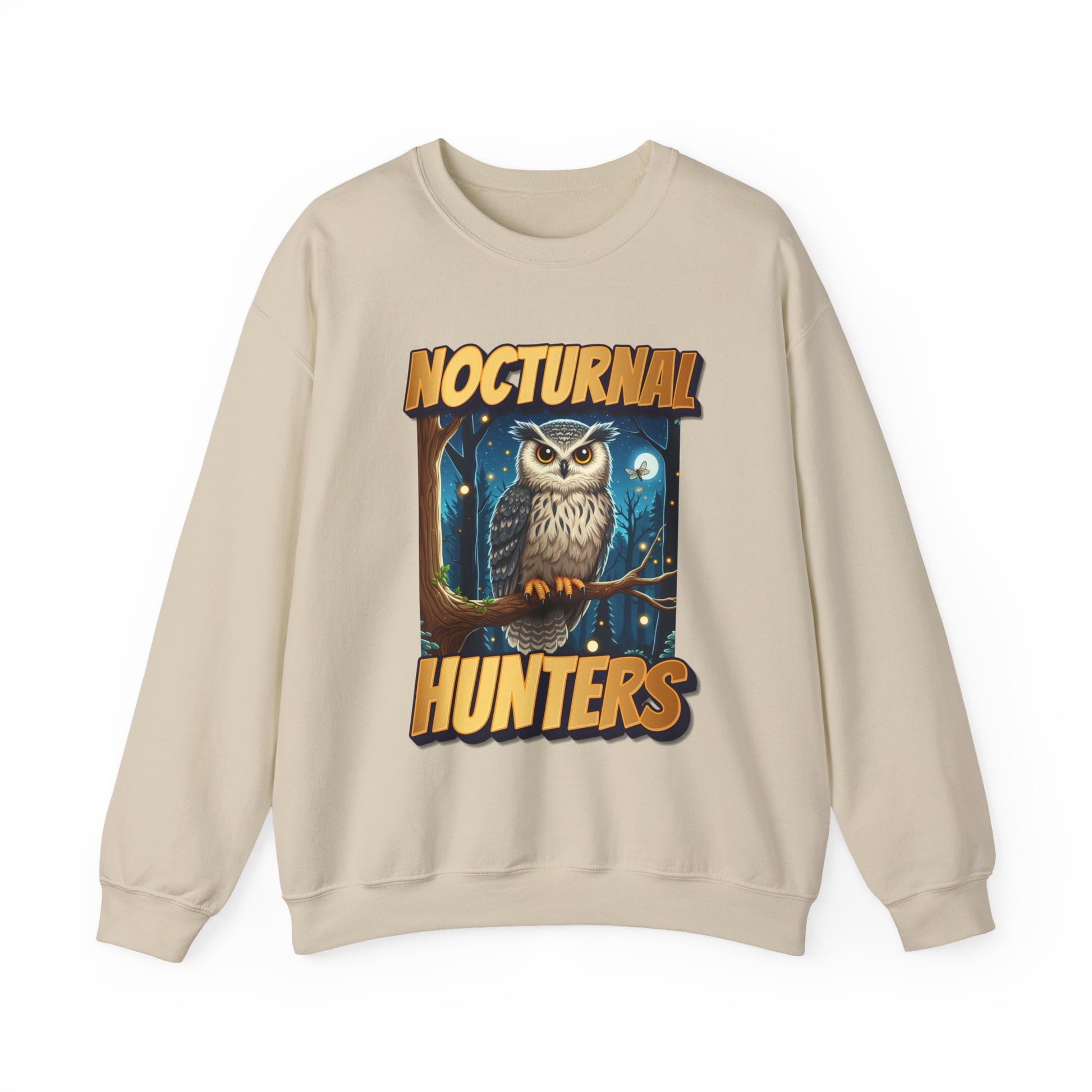 Beige sweatshirt with an owl graphic and 'Nocturnal Hunters' text on a white background