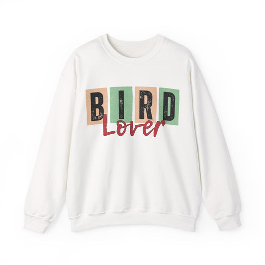 White sweatshirt with 'Bird Lover' text on a white background