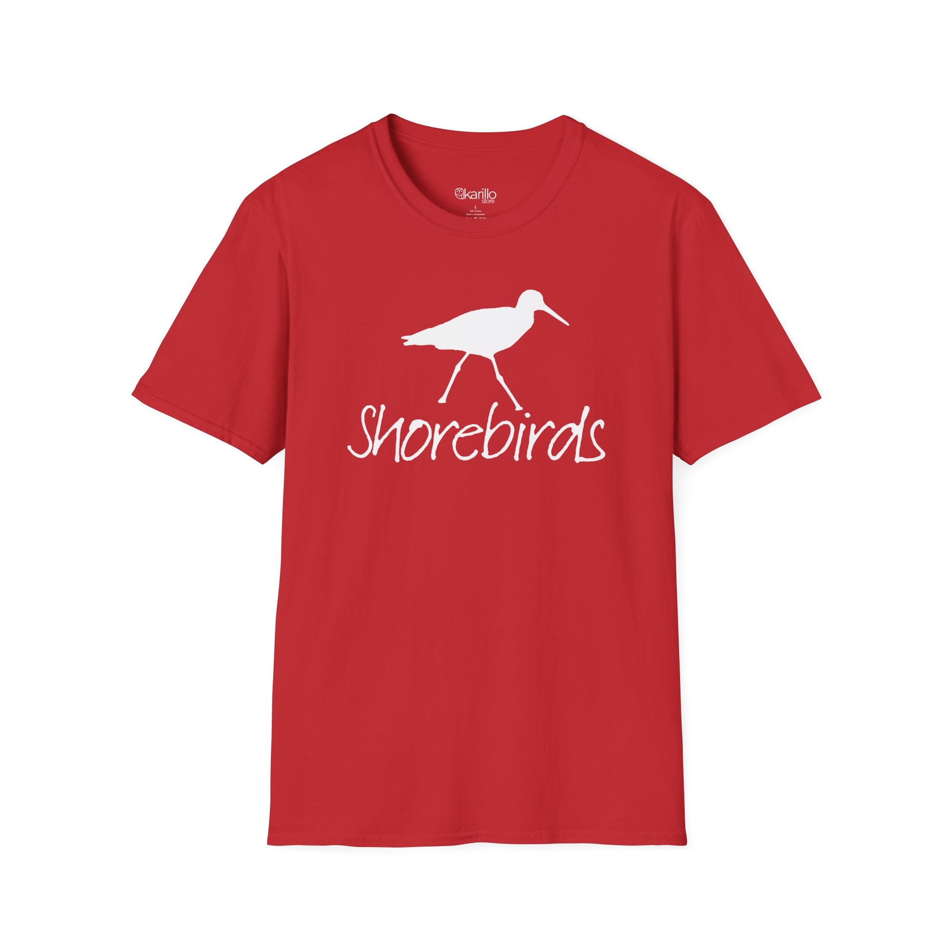 Front view of a unisex "Shorebirds" graphic red T-shirt featuring an elegant all-white shorebird illustration