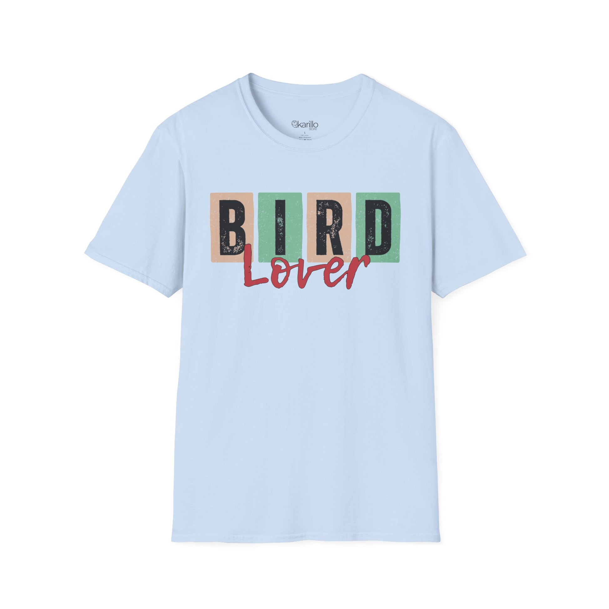 Front view of light blue t-shirt with 'Bird Lover' text on a white background