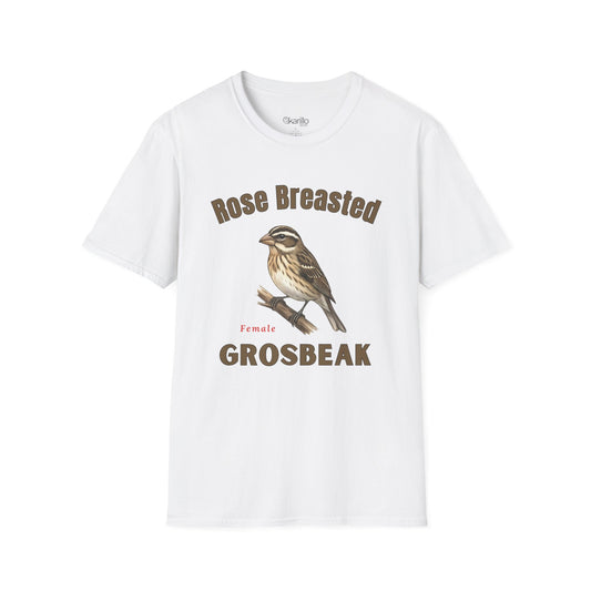 White t-shirt with a graphic of a rose-breasted grosbeak female bird and text on a white background
