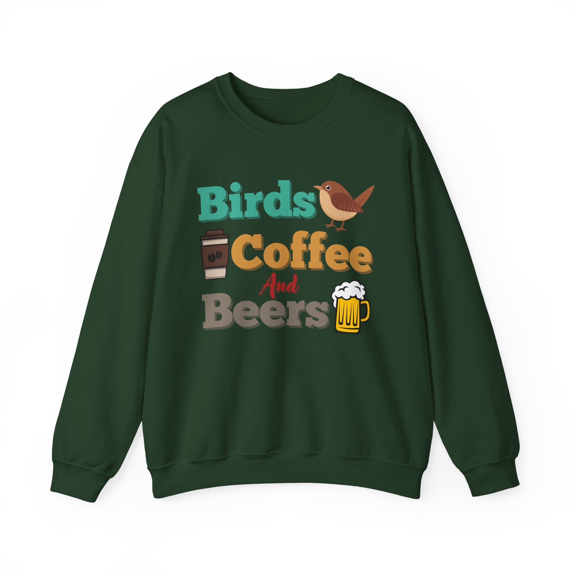 Green sweatshirt with colorful "bird, coffee, beers" text and graphics on a white background