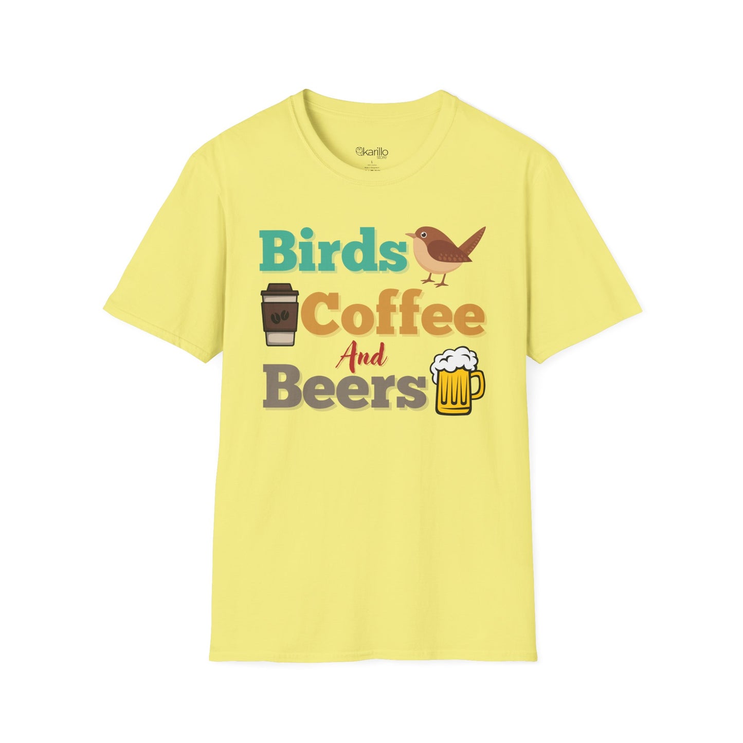 Front view of Birds Coffee and Beers Unisex T-Shirt cornsilk color Graphic Tee for Birdwatchers
