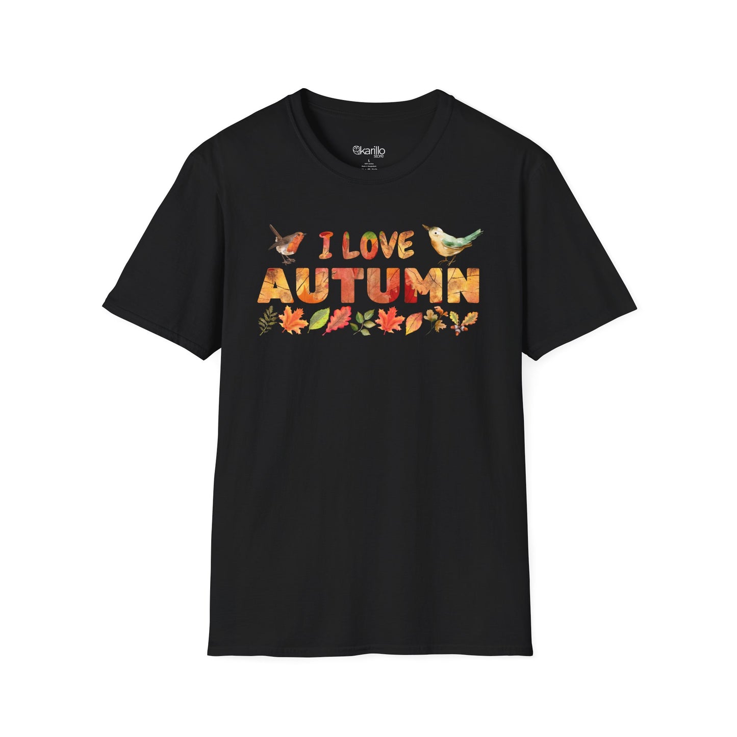 Black t-shirt with 'I Love Autumn' text and fall-themed graphics on a white background