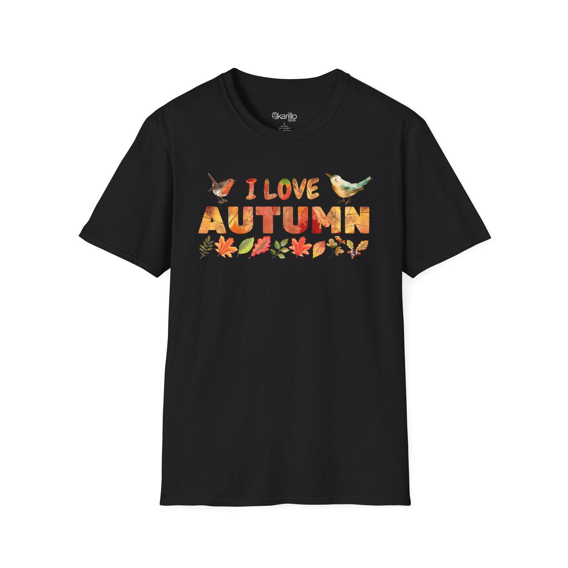 Black t-shirt with 'I Love Autumn' text and fall-themed graphics on a white background