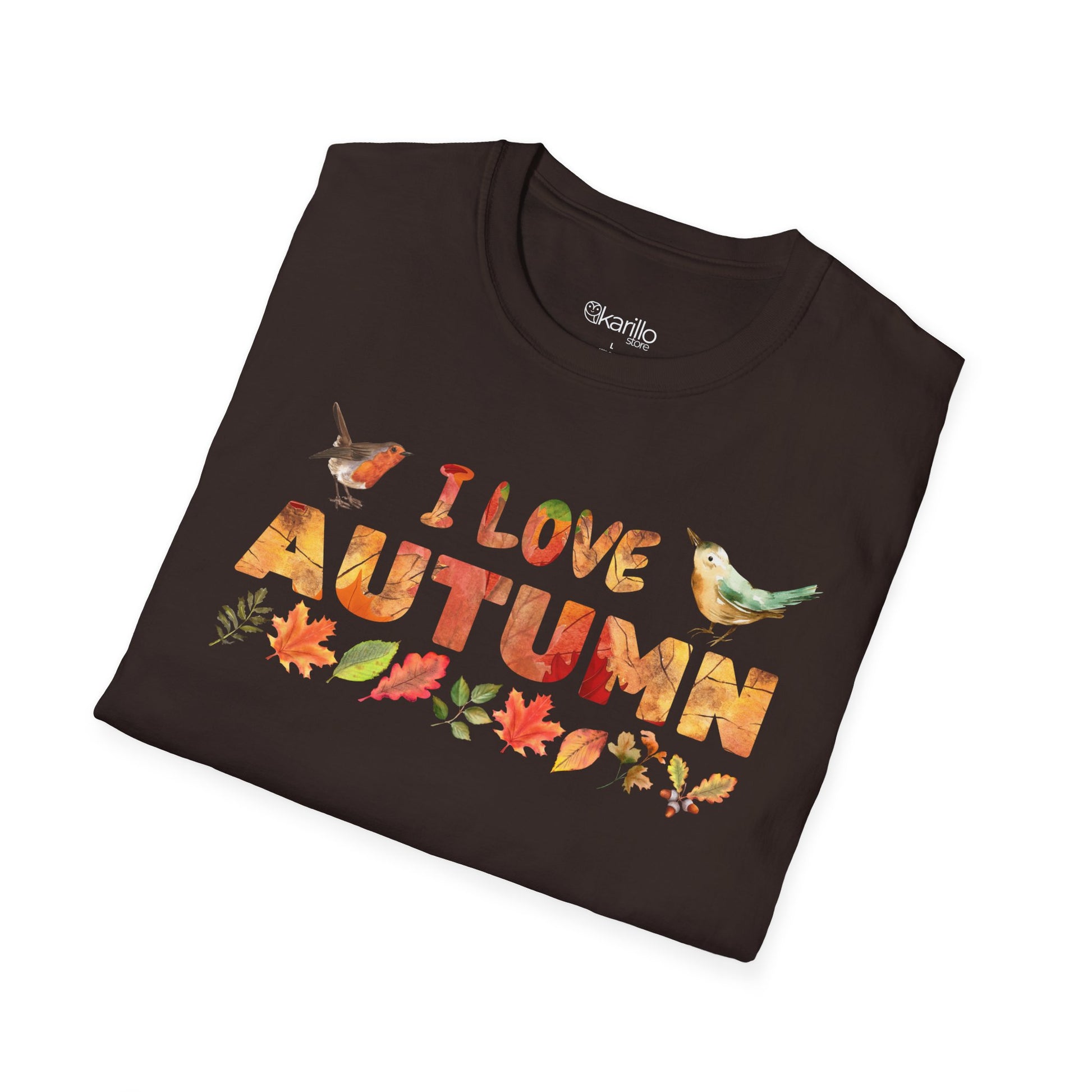 Folded brown t-shirt with 'I love autumn' text and fall-themed graphics on a white background