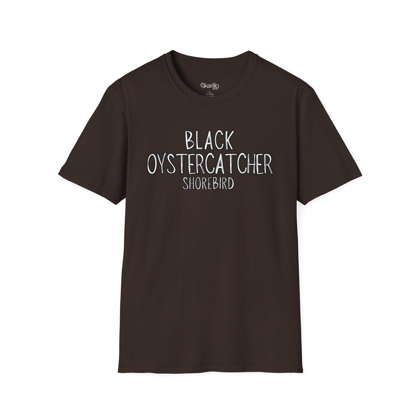 Front view brown t-shirt with 'Black Oystercatcher Shorebird' text on a white background