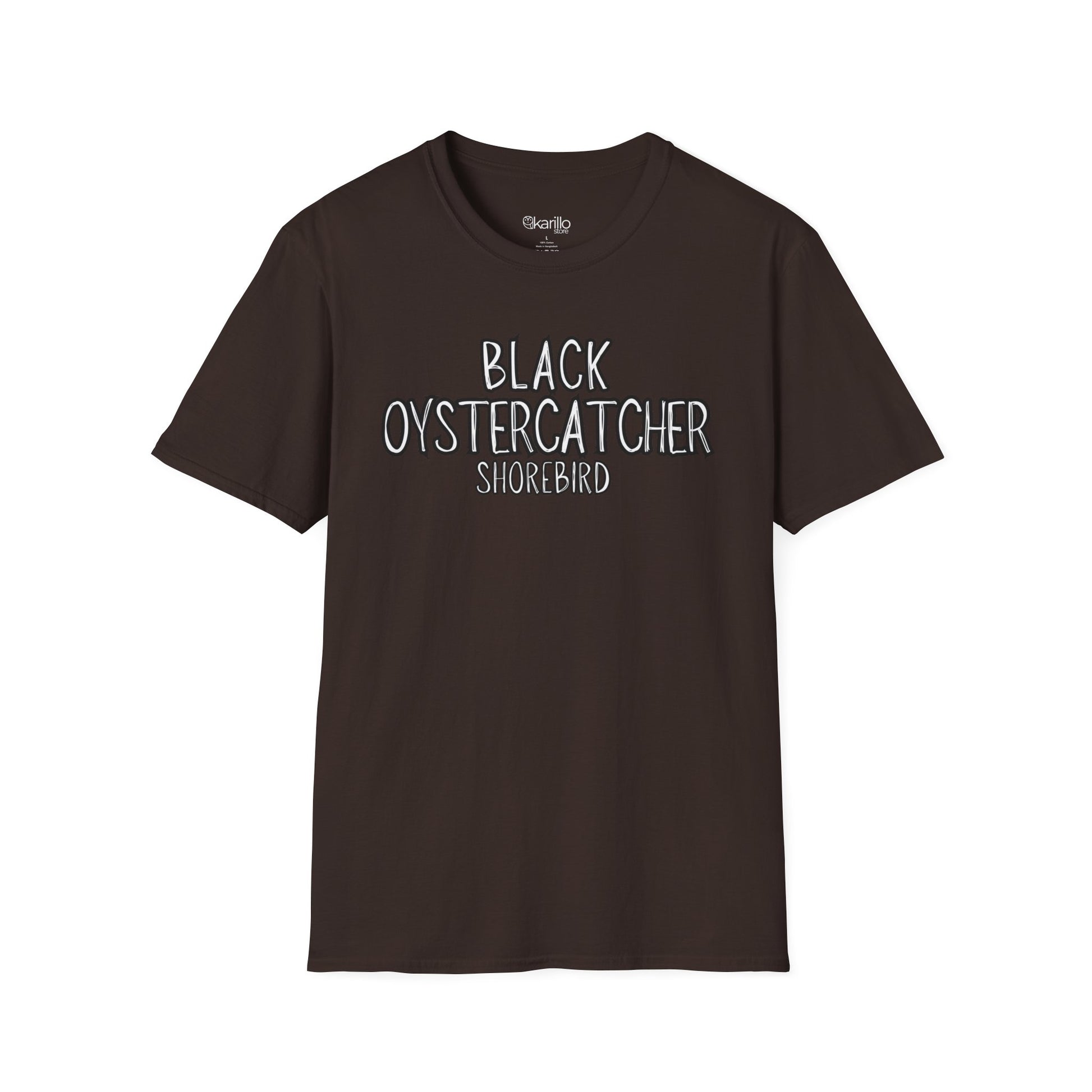 Front view brown t-shirt with 'Black Oystercatcher Shorebird' text on a white background
