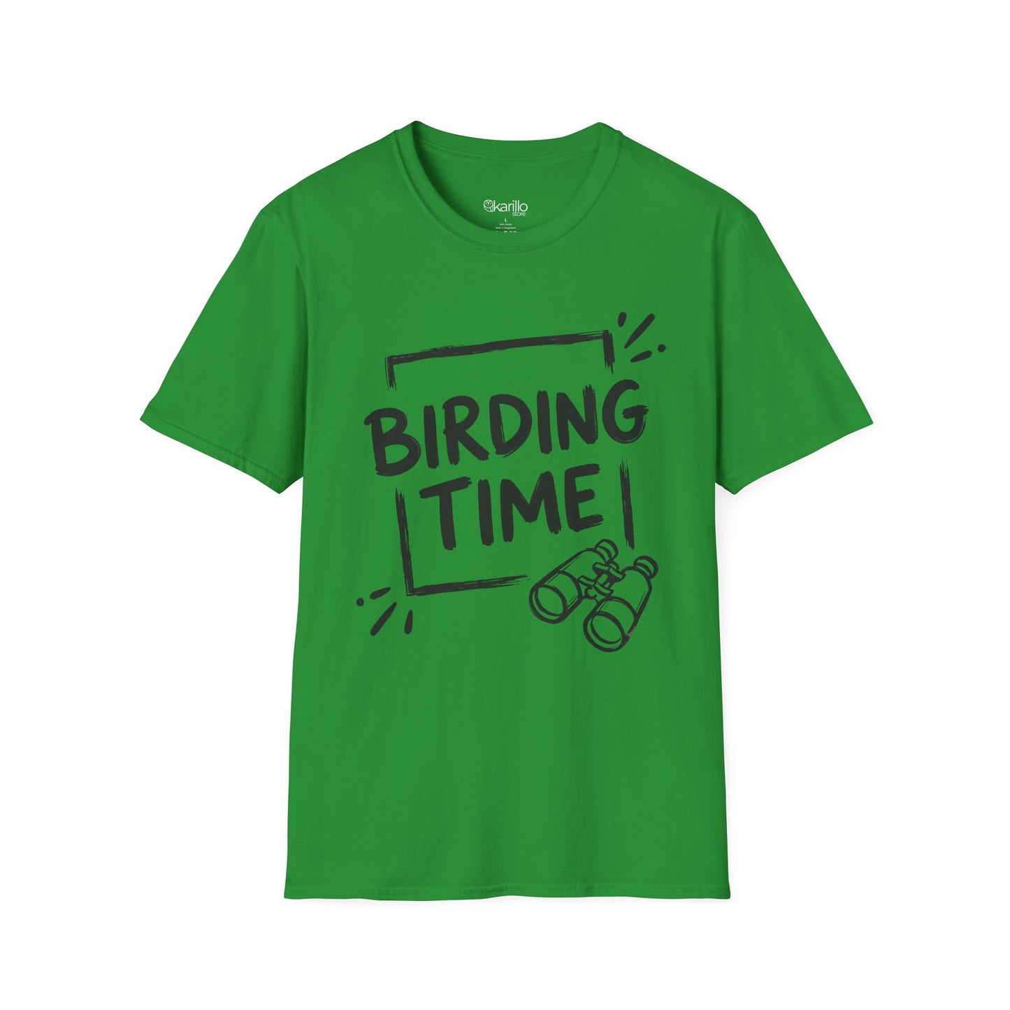 Green t-shirt with 'BIRDING TIME' text and binoculars graphic on a white background