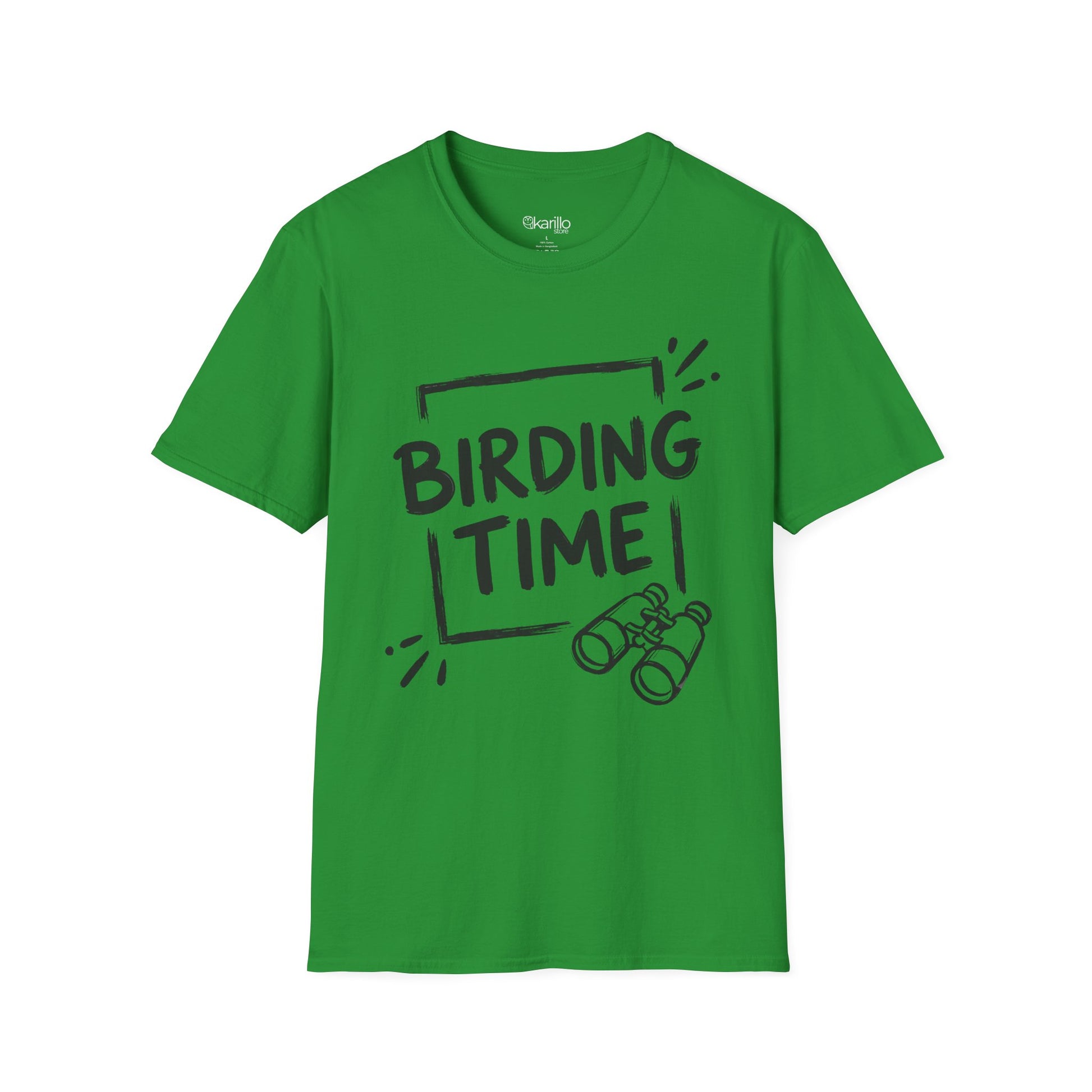 Green t-shirt with 'BIRDING TIME' text and binoculars graphic on a white background