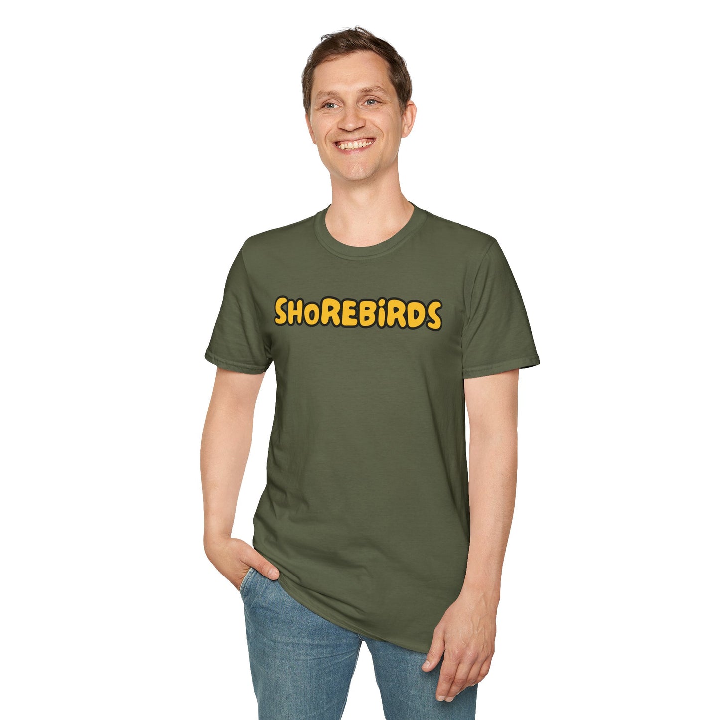 Man wearing a military green t-shirt with 'SHOREBIRDS' text on a white background