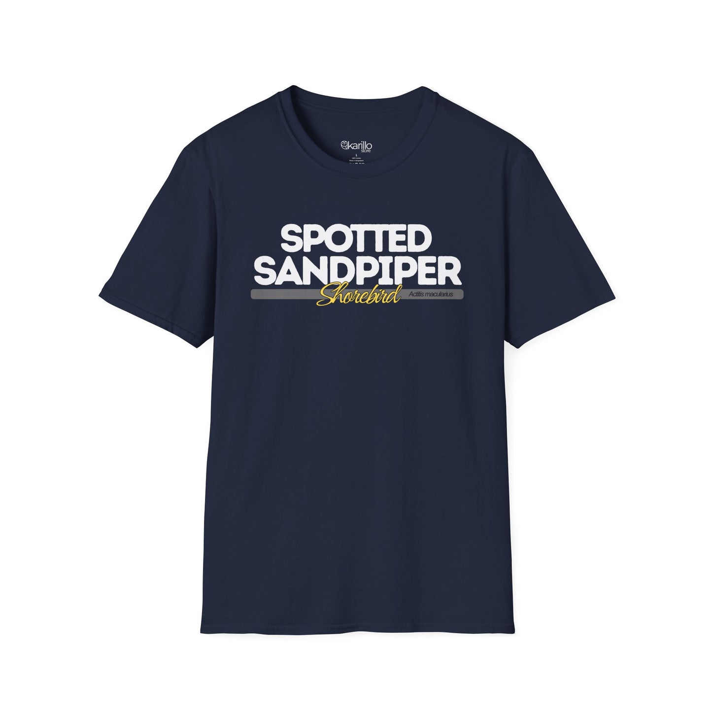 Front view of light blue t-shirt with 'Spotted Sandpiper' text on a white background