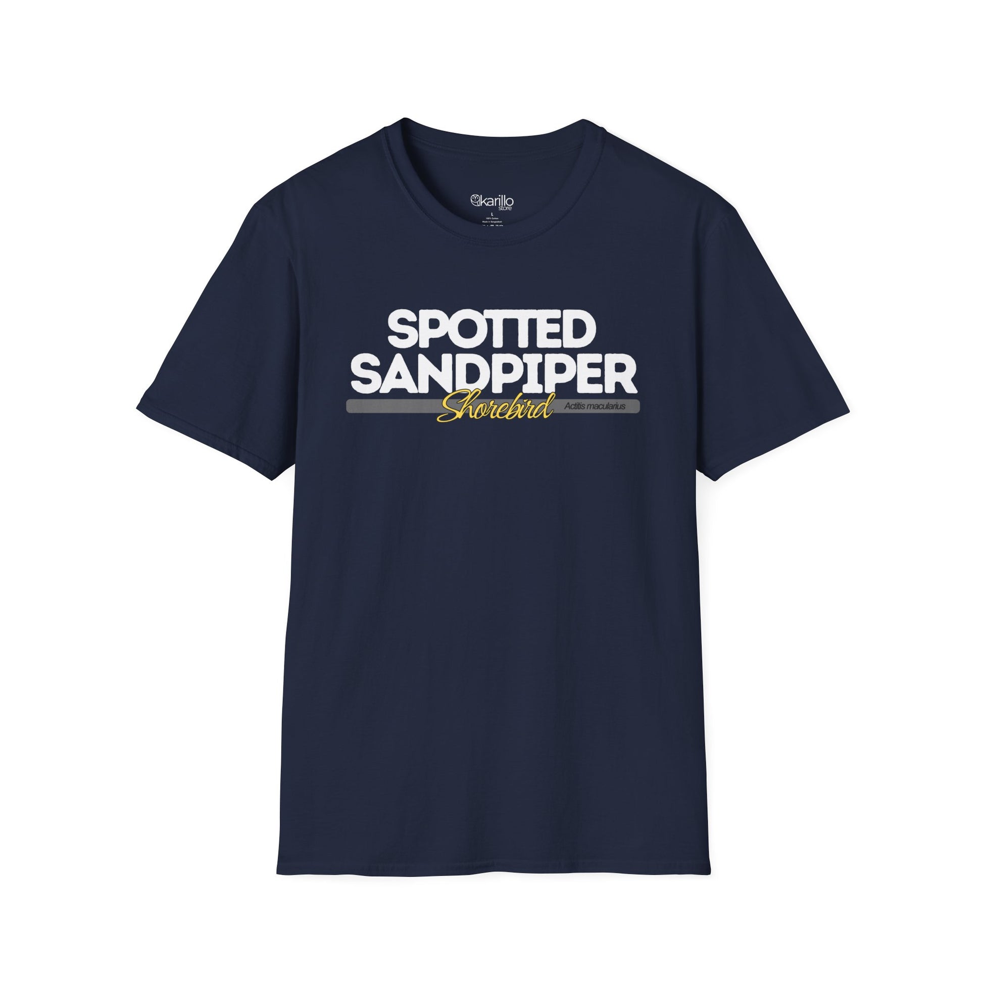 Front view of light blue t-shirt with 'Spotted Sandpiper' text on a white background