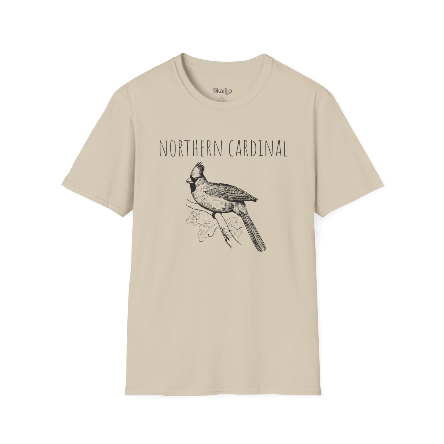 Beige t-shirt with a Northern Cardinal graphic and text on a white background