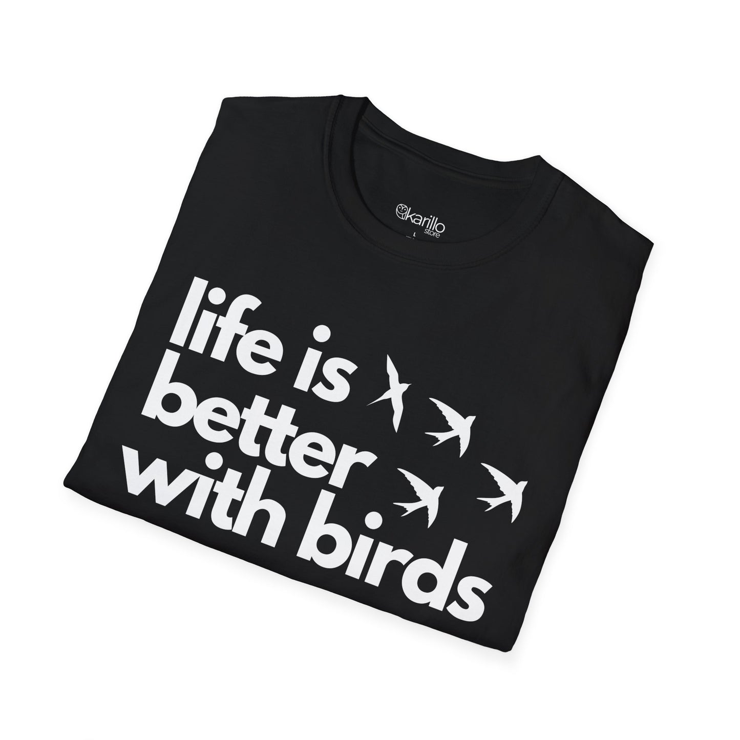 Folded black t-shirt with 'life is better with birds' text  on a white background