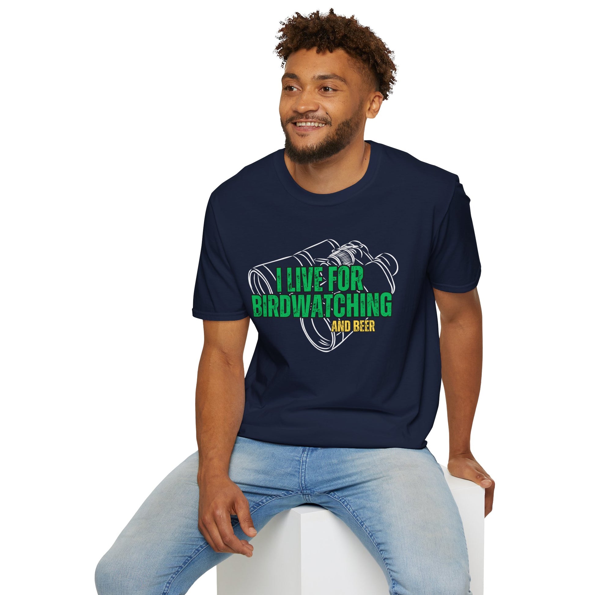 man wearing navy blue t-shirt with birdwatching and beer graphic and text on a white background